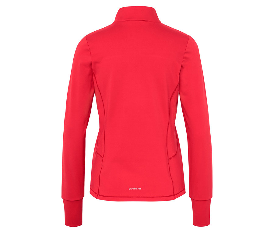 Kırmızı, uzun kollu, fermuarlı bir ceketin arka görünümü.