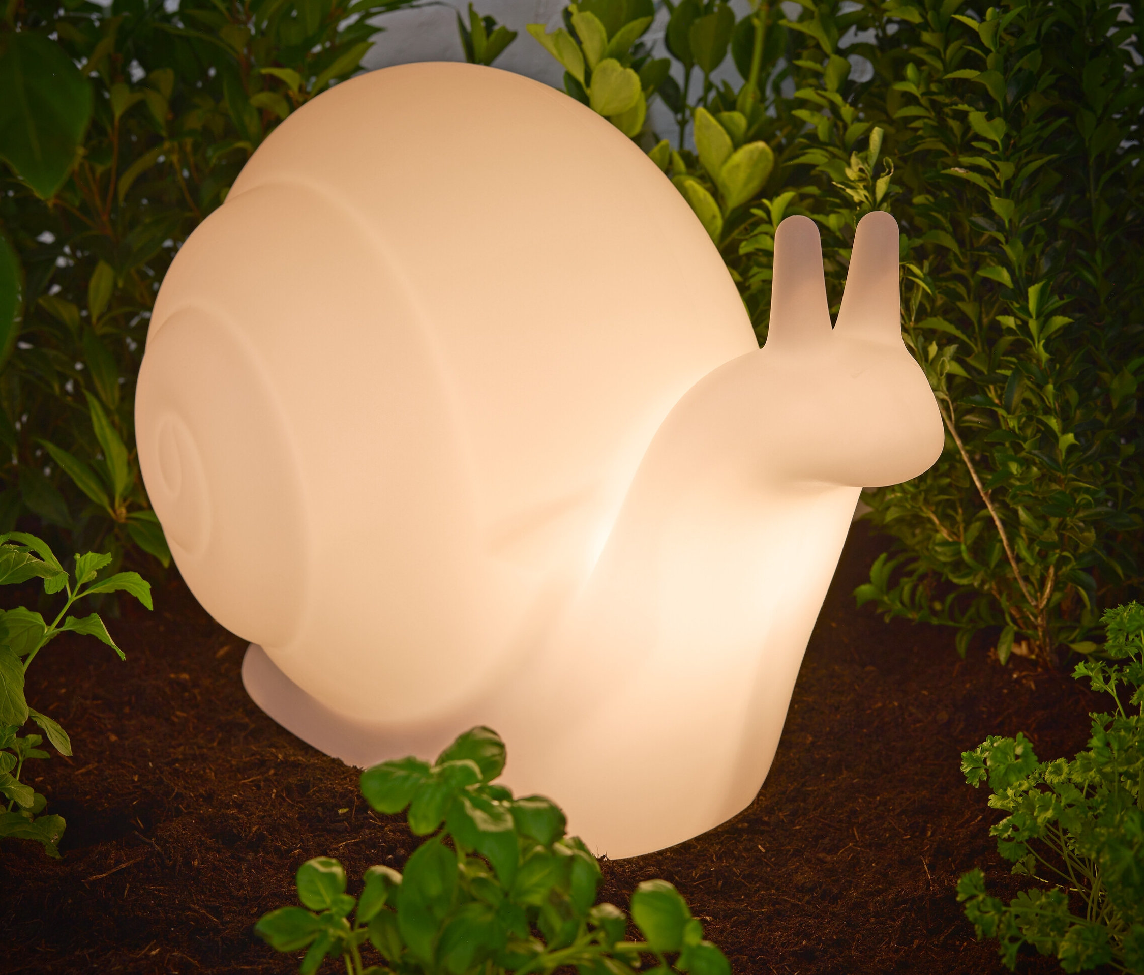 Bitkiler arasında yerde duran bir Güneş Enerjili Lamba »Salyangoz«'un yakın çekimi.