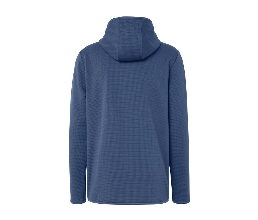 Kapüşonlu mavi fonksiyonel ceketin arka görünümü.