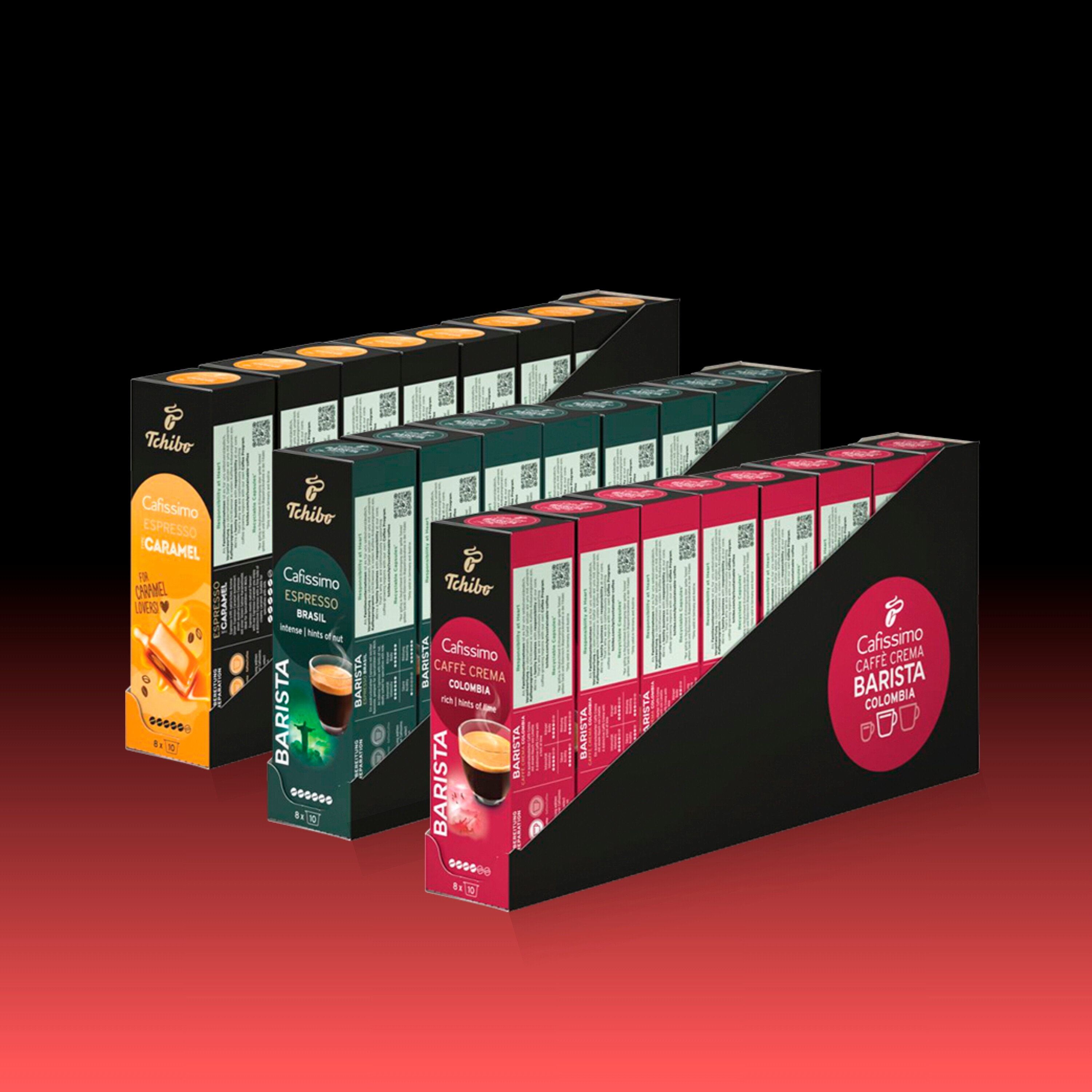 Sarı, yeşil ve pembe renklerde, yükselen üç sıra halinde Tchibo Cafissimo Barista kahve kapsülü paketleri.