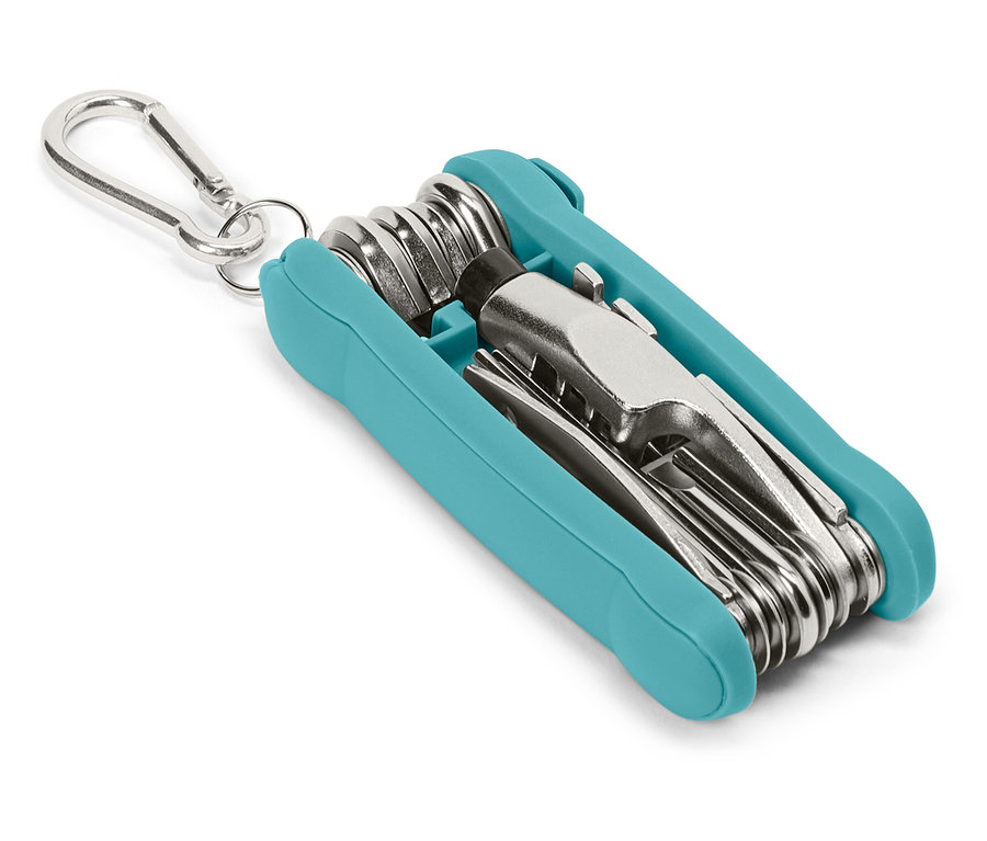 Karabina kancalı, turkuaz kasalı çok amaçlı alet.