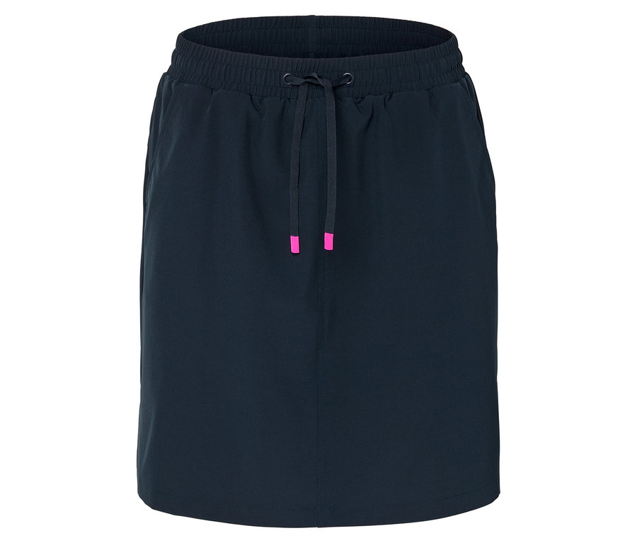 Büzgülü ve pembe detaylı lacivert etek.