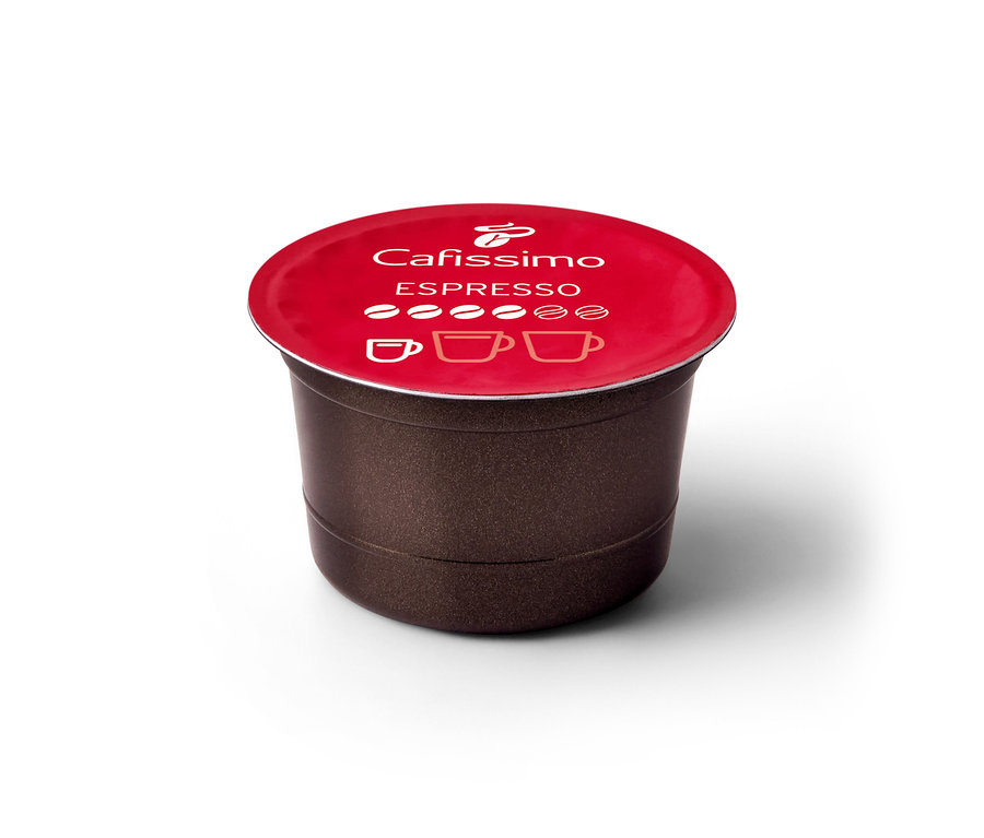 Kırmızı kapaklı tek bir Cafissimo Espresso Elegant kapsülü.