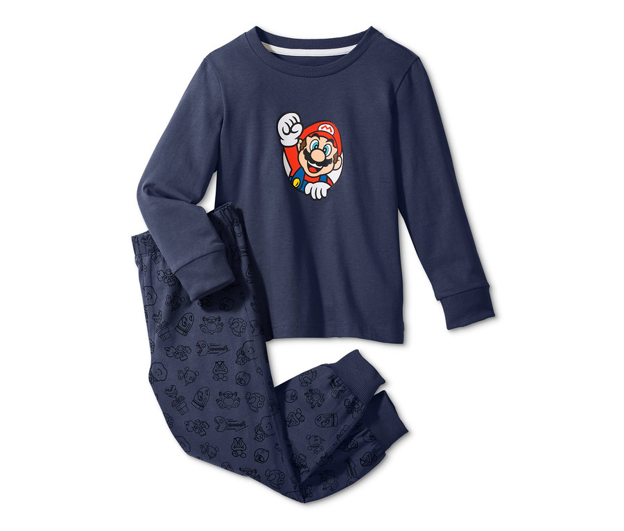 Lacivert Organik Pamuklu Pijama Takımı »Super Mario« uzun kollu üst ve karakter baskılı pantolon ile.