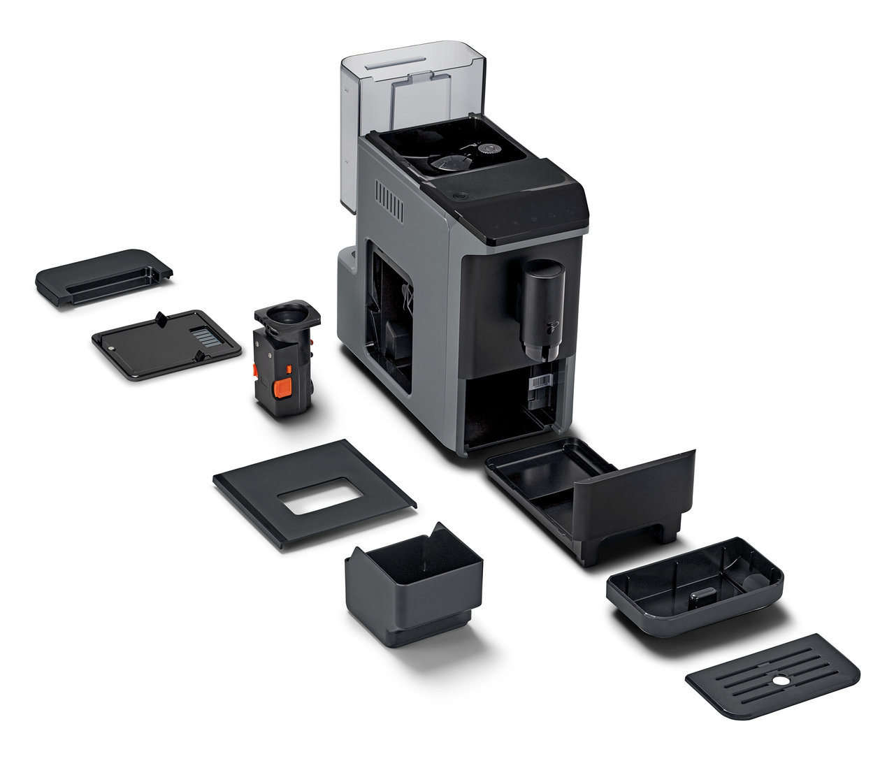 Beyaz bir arka plan üzerinde parçalarına ayrılmış »Esperto mini« ve parçaları.