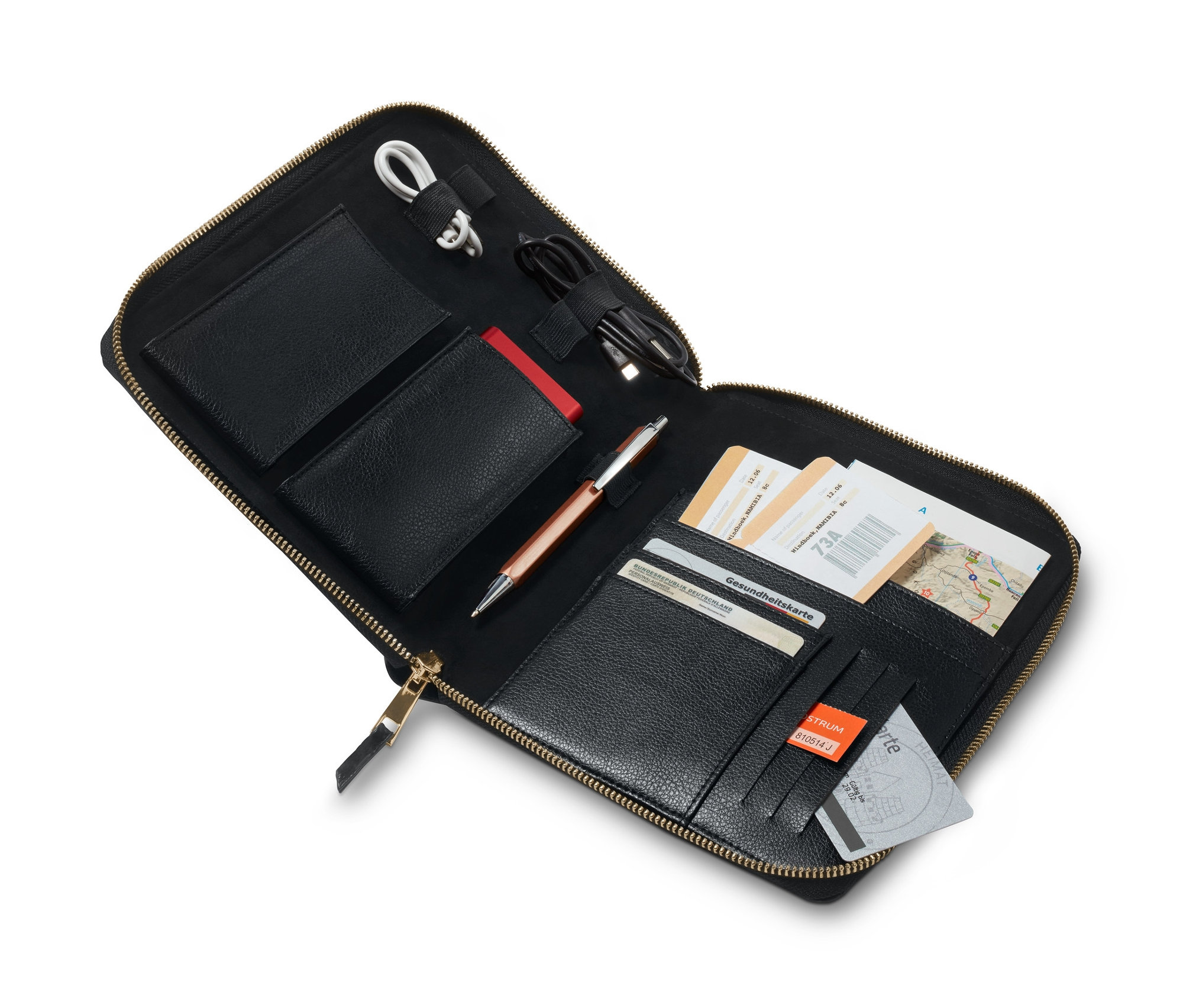 Fermuarlı, iç cepli ve belgeli açık siyah seyahat düzenleyici.