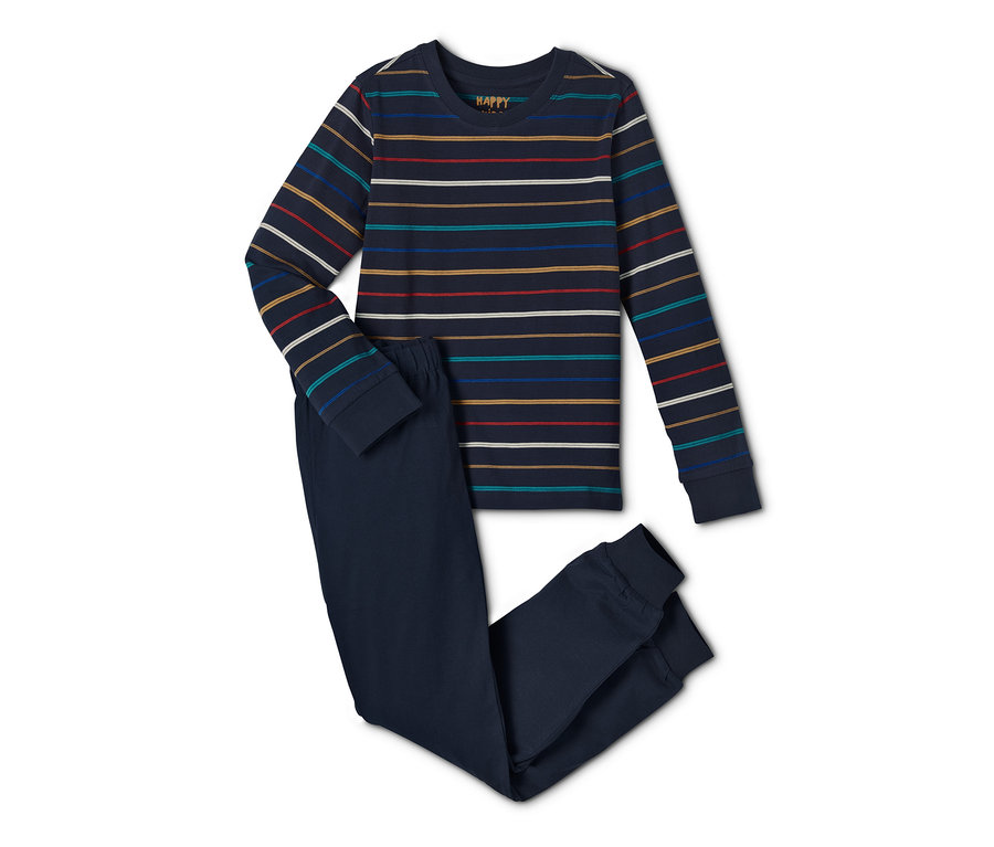 Çizgili lacivert organik pamuklu pijama takımı. Üst kısım uzun kolludur.
