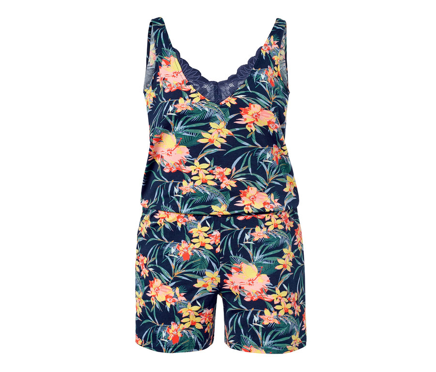 Çiçek desenli lacivert tulum pijama.