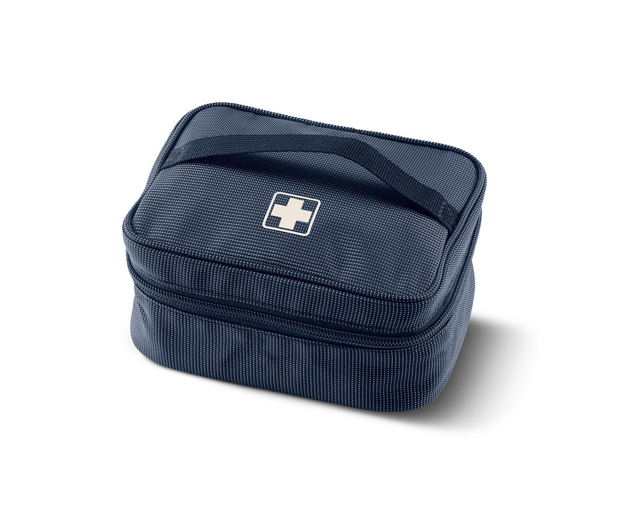 Beyaz haçlı ve saplı lacivert kumaş ilk yardım çantası
