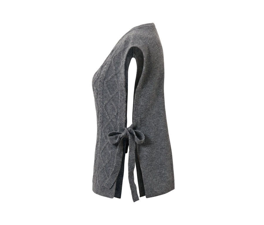 Bağcıklı örgü süveter, gri renkli.
