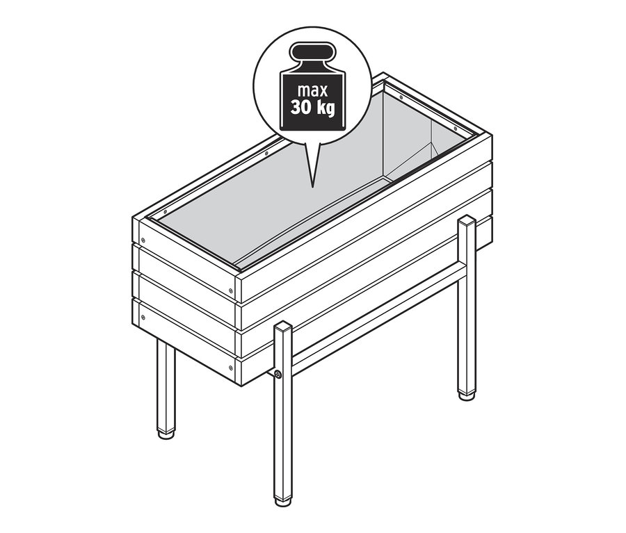 Maksimum 30 kg taşıma kapasitesine sahip Elin kutu saksı çizimi.