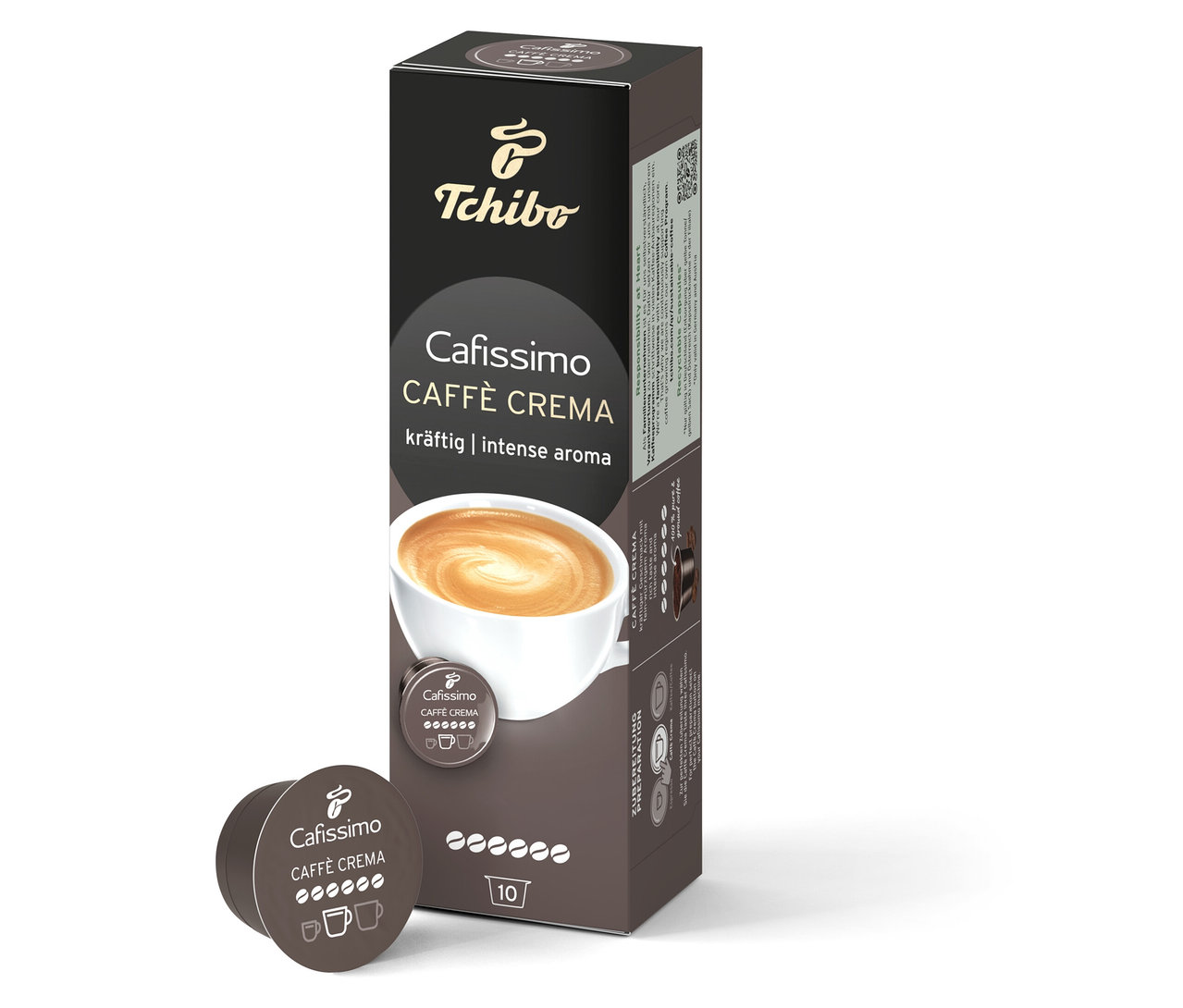 Bir adet Caffè Crema Intense Aroma 10 Kapsül paketi, tekli kapsülün yanında duruyor. Paketin üzerinde bir fincan kahve resmi var.