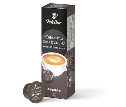 Bir adet Caffè Crema Intense Aroma 10 Kapsül paketi, tekli kapsülün yanında duruyor. Paketin üzerinde bir fincan kahve resmi var.
