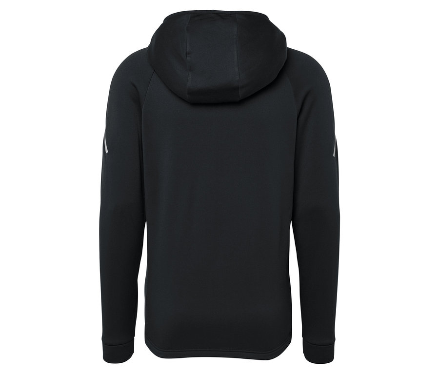 Uzun kollu, siyah kapüşonlu bir sweatshirt'ün arka görünümü.