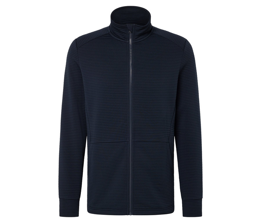 Tamamı fermuarlı, yüksek yakalı, lacivert örgü ceket.