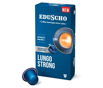 Bir paket EDU Lungo Strong EE Alu kahve kapsülü, tek bir kapsülün yanında duruyor.