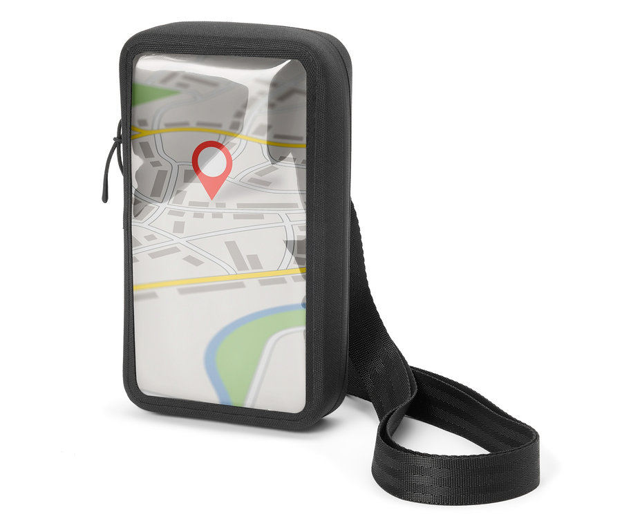 Şeffaf penceresi olan ve içinde kırmızı raptiyeli bir harita görünen siyah bir cep telefonu çantası.