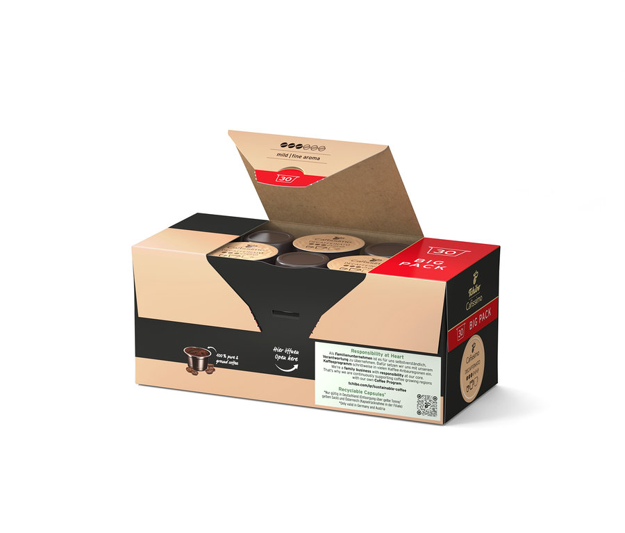 Açık Cafissimo Decaffeinato paketi, 30 kapsül içeriyor.