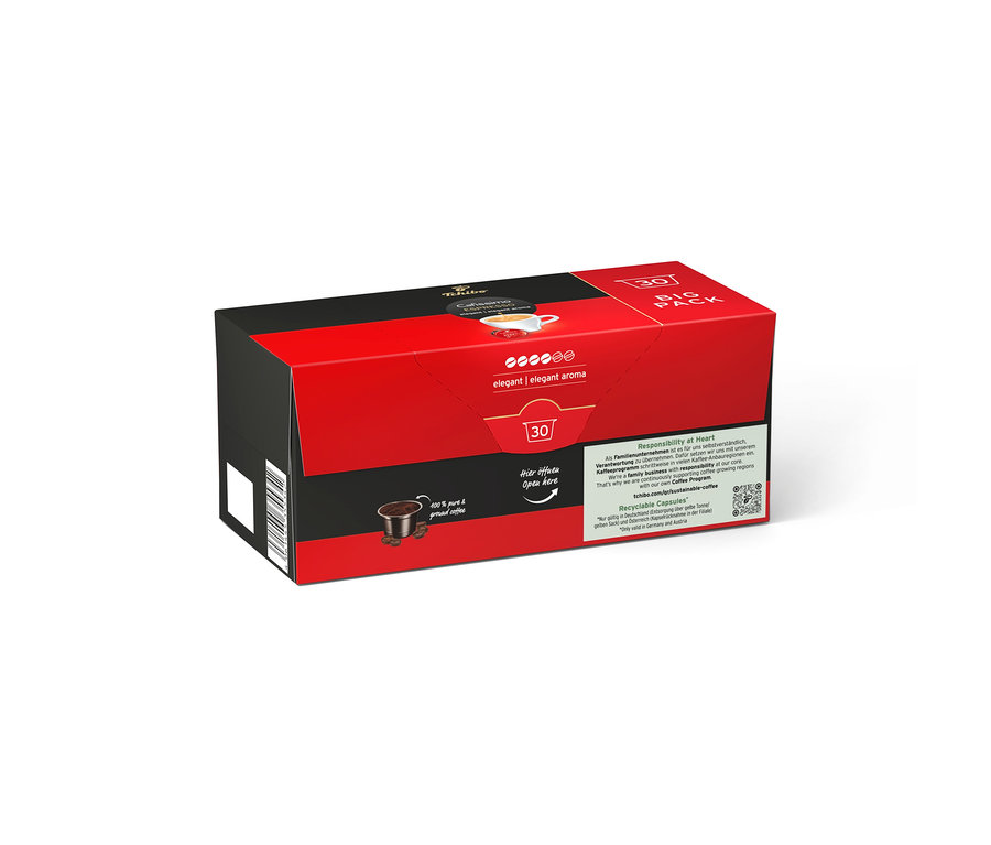 Kırmızı ve siyah Cafissimo Espresso Elegant Aroma 30 Kapsül paketi, üzerinde kahve fincanı ve öğütülmüş kahveli kapsül görseli bulunuyor.