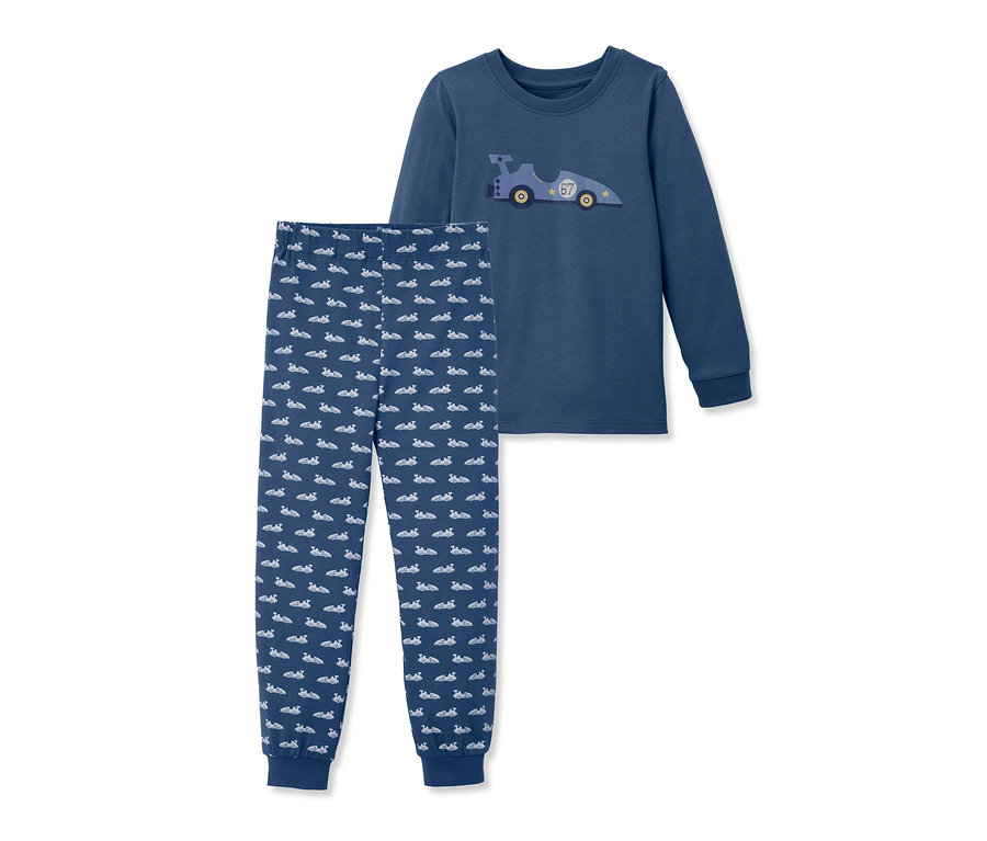 Mavi, uzun kollu, yarış arabası baskılı organik pamuklu pijama takımı.