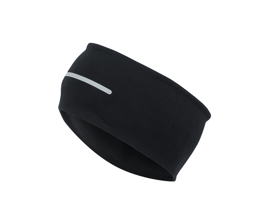 Reflektörlü siyah spor alın bandı.