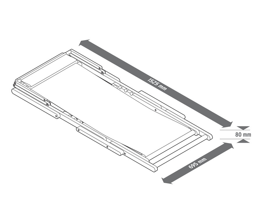 Ölçülerle birlikte güneşlikli ve ayaklıklı bir şezlongun çizimi.