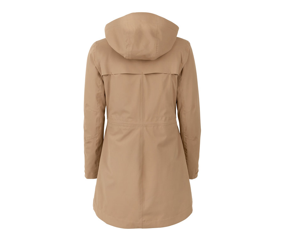 Bej rengi 3'ü 1 arada fonksiyonel outdoor paltonun arka görünümü.