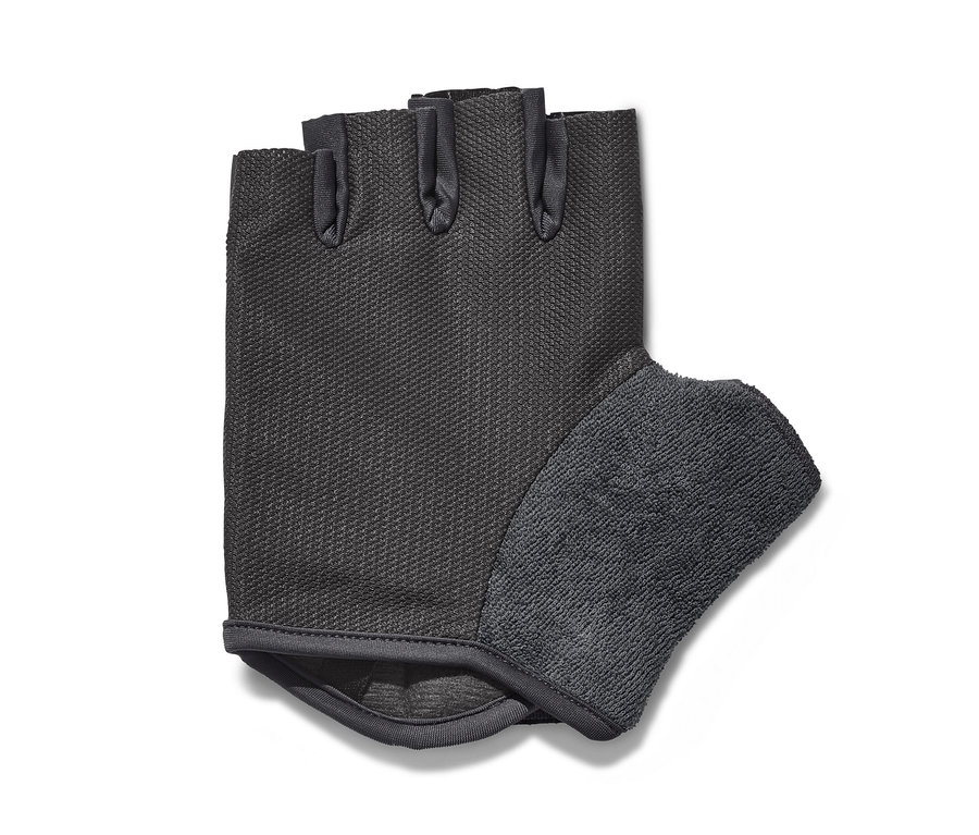 Siyah, parmaksız bisiklet eldiveni.