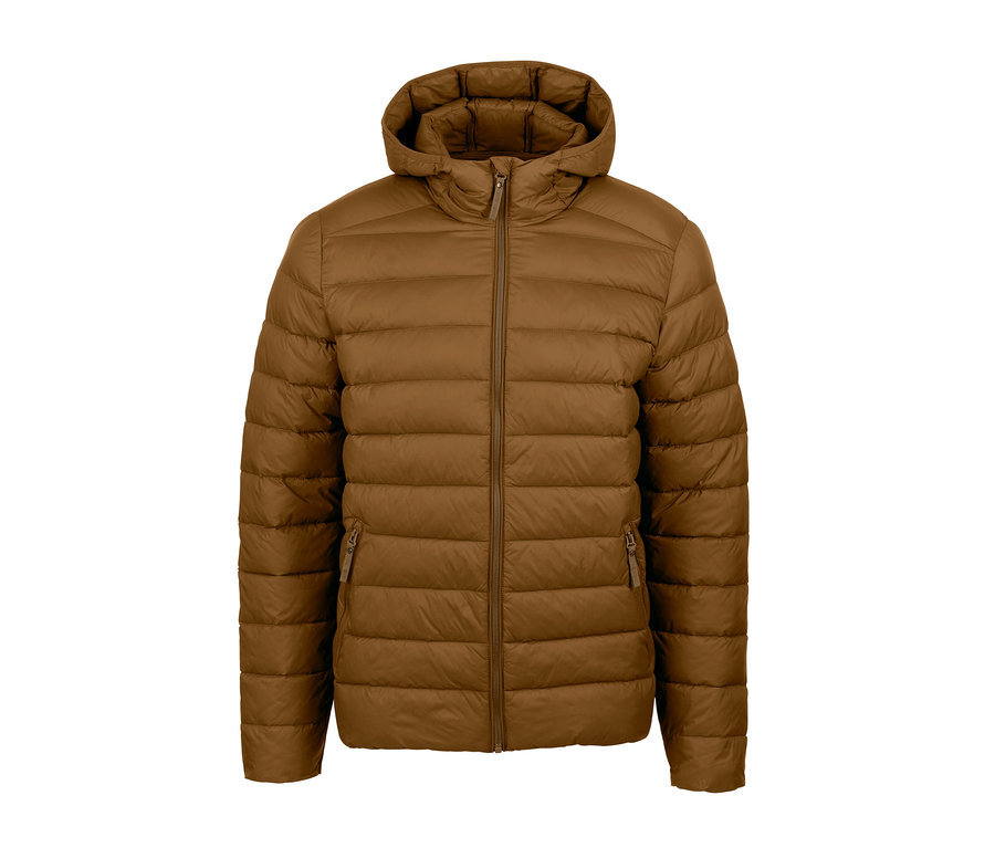 Kahverengi kapüşonlu, ortasında fermuarlı kapitone mont.