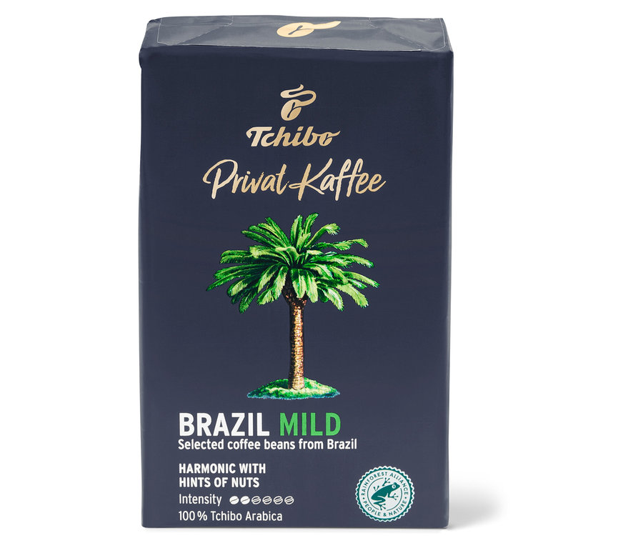 Privat Kaffee Brazil Mild Öğütülmüş Filtre Kahve 250 g'ın ambalajı. Ambalajın üzerinde bir palmiye ağacı var.