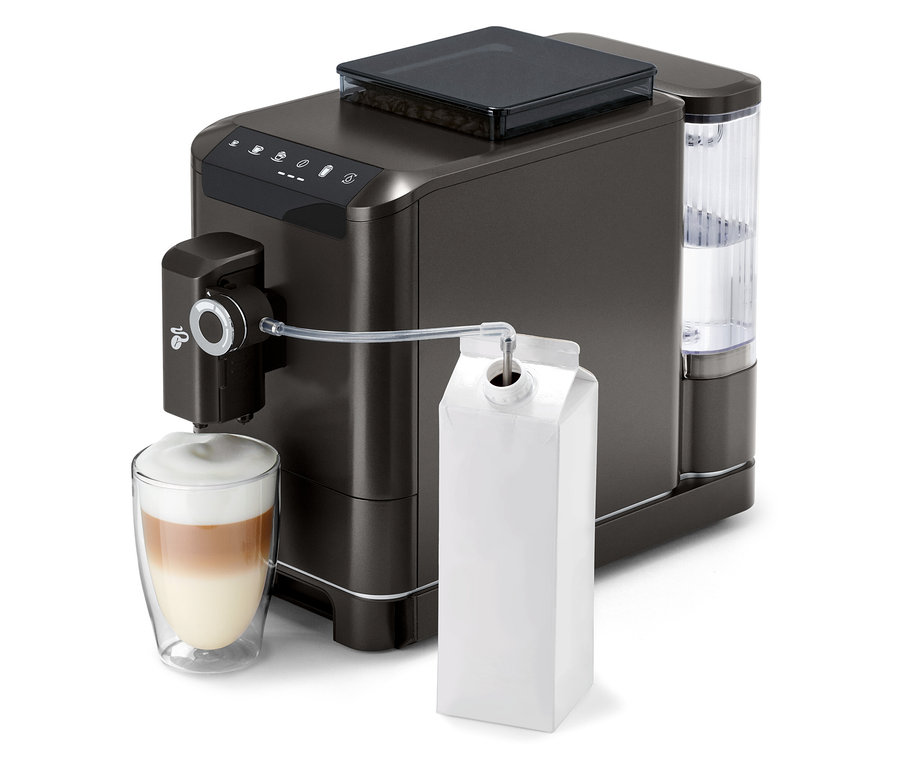 »Esperto 2 Milk« Granit Black kahve makinesi, bardağa içecek hazırlıyor.