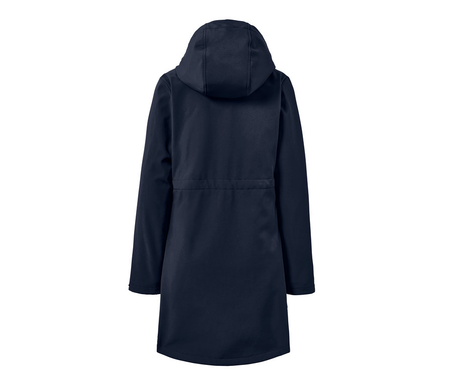 Arkadan görünümü lacivert softshell palto.