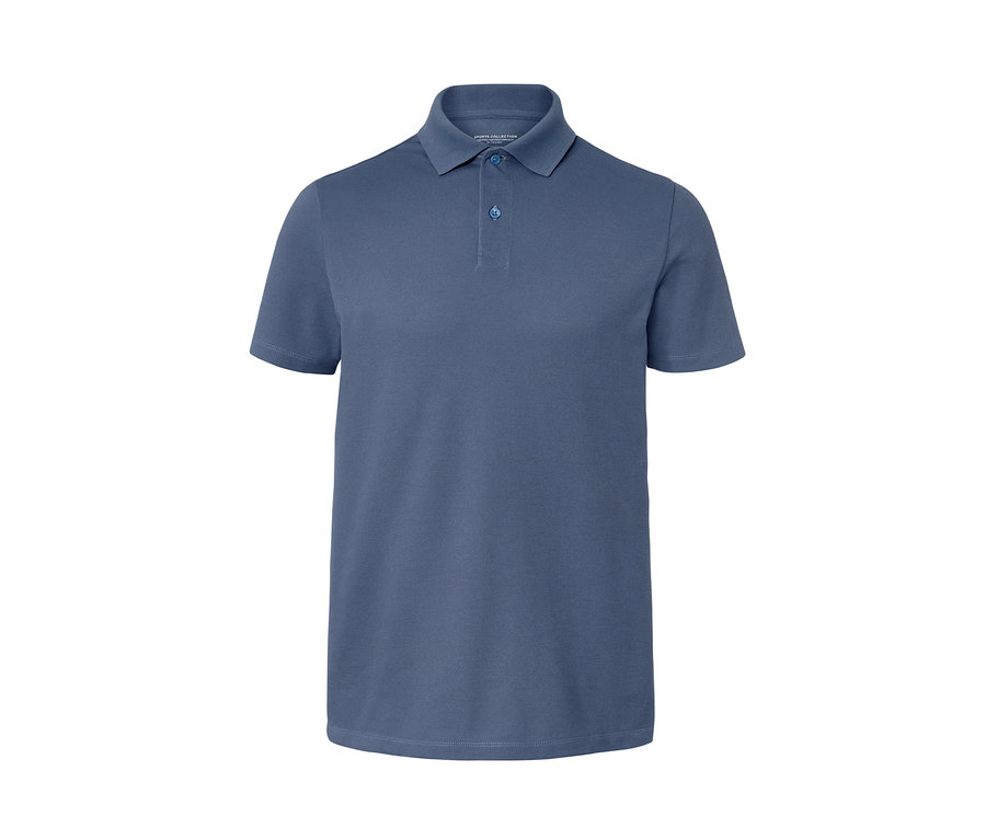 Mavi, kısa kollu fonksiyonel polo tişört.