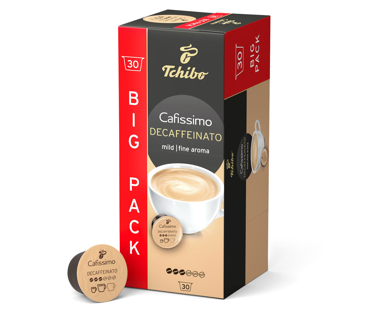 Bir paket Tchibo Caffè Crema Decaffeinato Kapsül Kahve - 30 Kapsül dik duruyor. Yanında bir kapsül var.