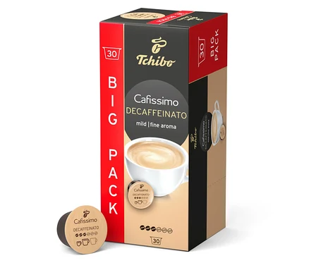 Bir paket Tchibo Caffè Crema Decaffeinato Kapsül Kahve - 30 Kapsül dik duruyor. Yanında bir kapsül var.
