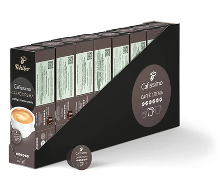 Bir paket Cafissimo Caffè Crema kapsülü görülüyor. Ambalajda bir fincan kahve resmi var.