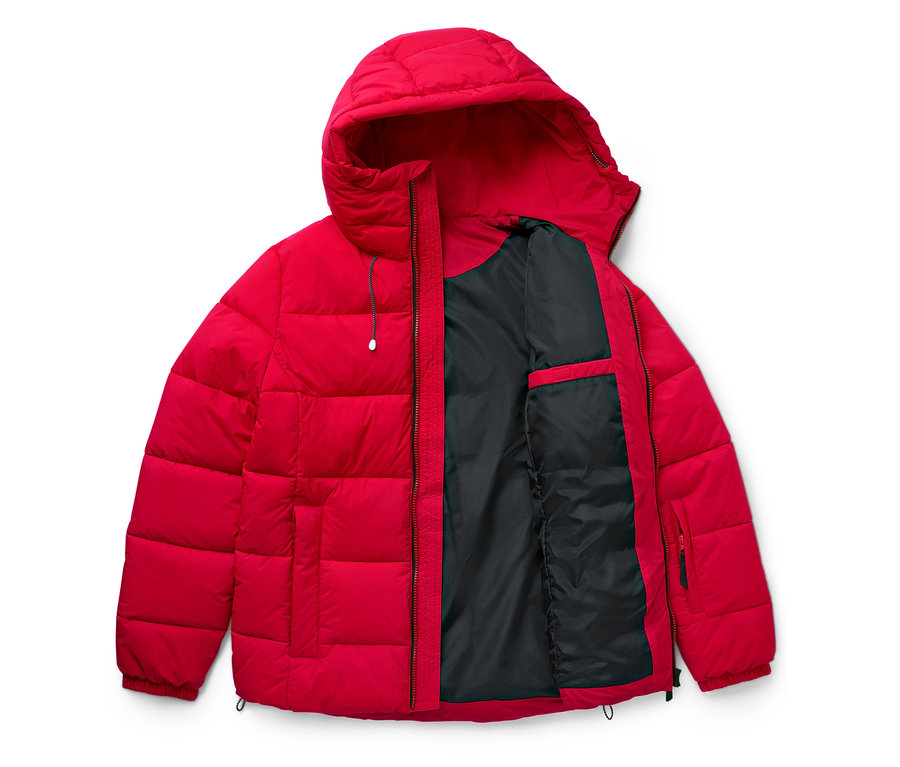 Kapüşonlu ve siyah astarlı, açık, kırmızı renkli şişme mont.