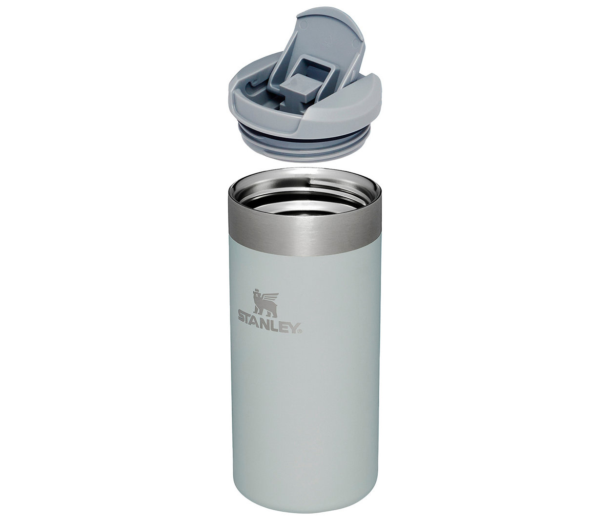 Açık gri metalik renkte, ayrı, açık gri kapaklı Stanley AeroLight Transit Mug 0.47L Termos Bardak.