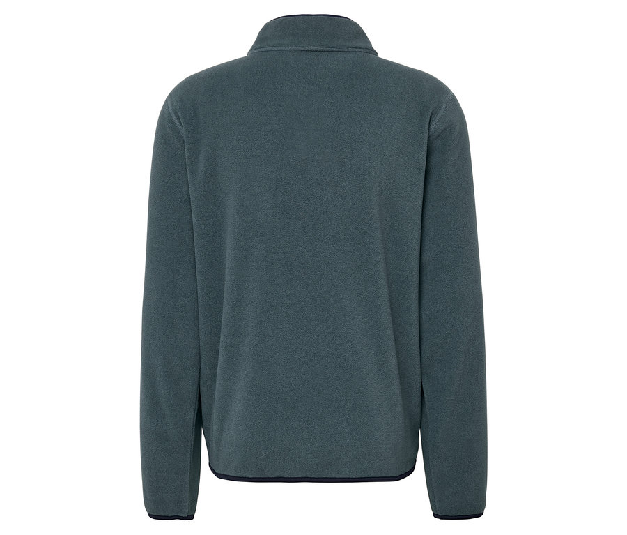 Fermuarlı, koyu gri bir polar sweatshirt'ün arka görünümü.