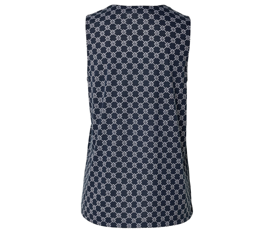 Beyaz geometrik desenli, kolsuz, lacivert bir üstün arka görünümü.