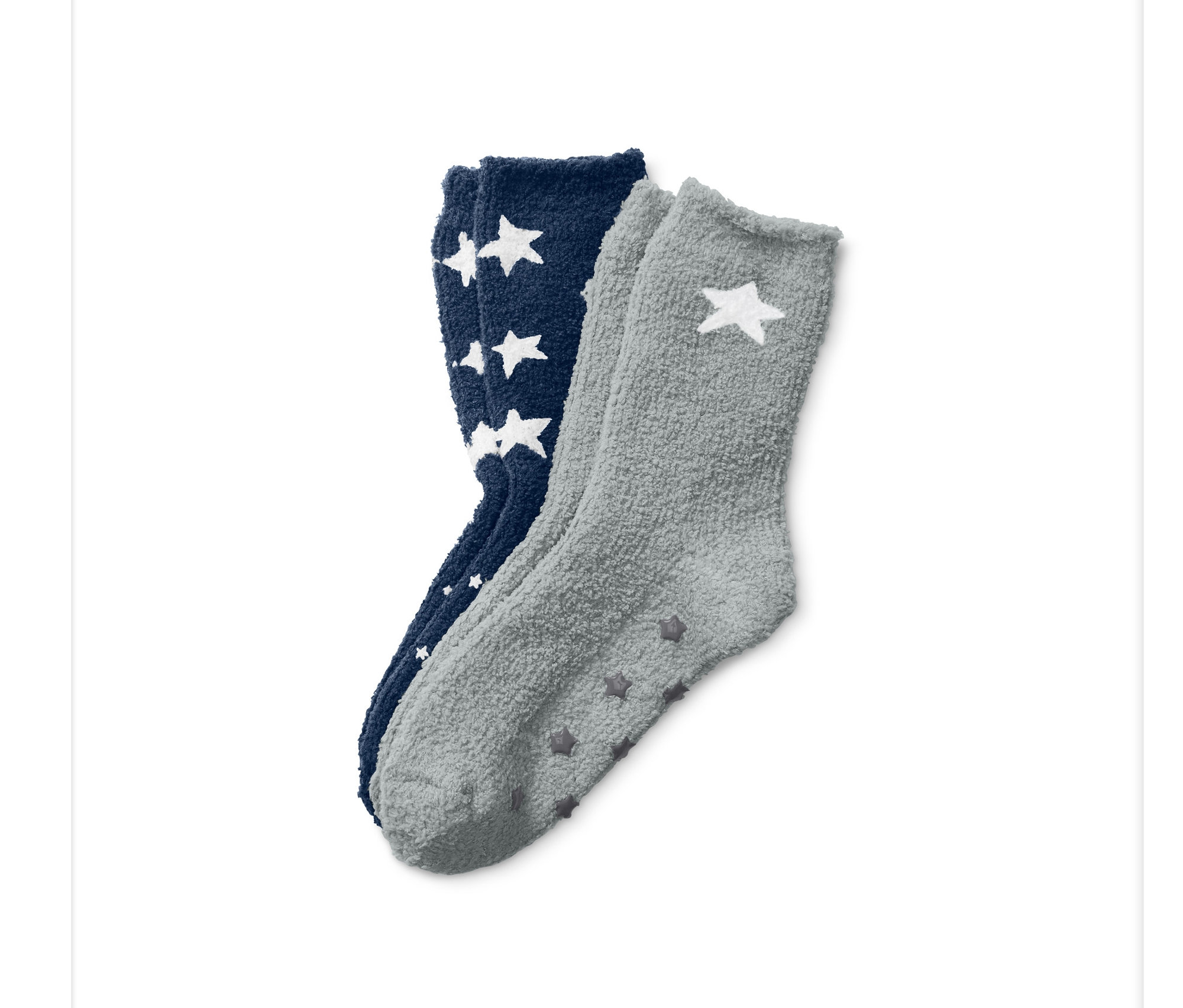 İki çift yumuşak çorap: bir çift koyu mavi beyaz yıldızlı, bir çift gri tek beyaz yıldızlı.