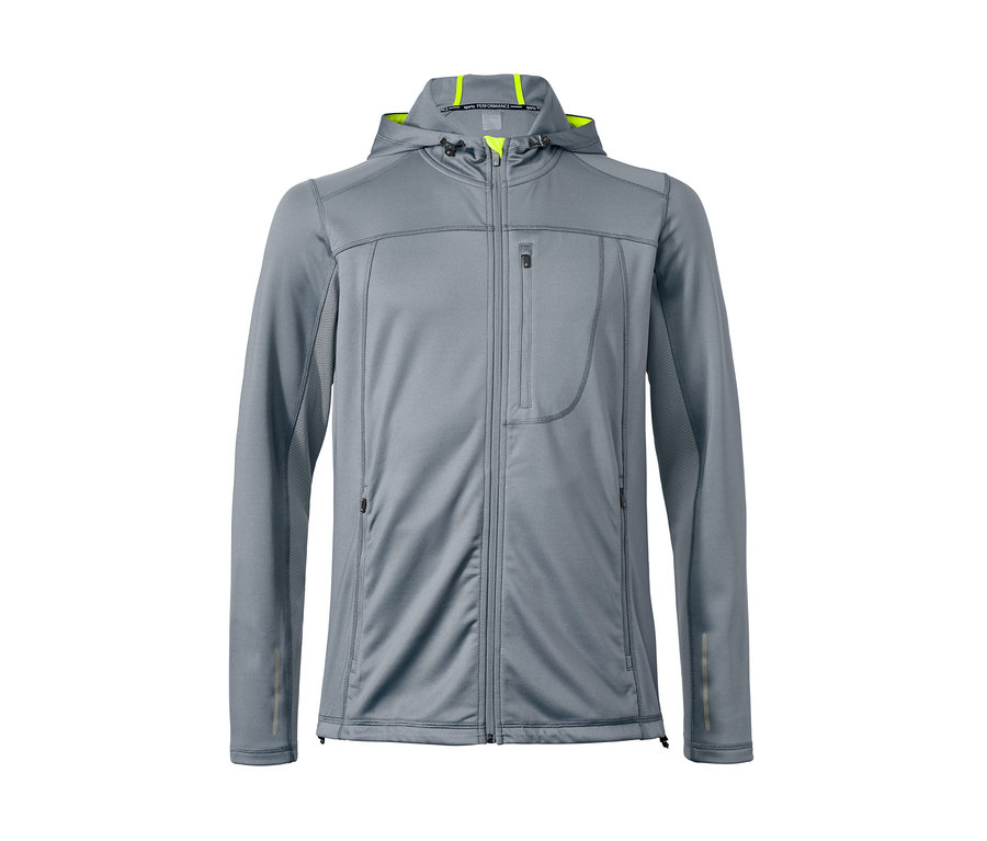 Gri fermuarlı ve kapüşonlu spor mont.