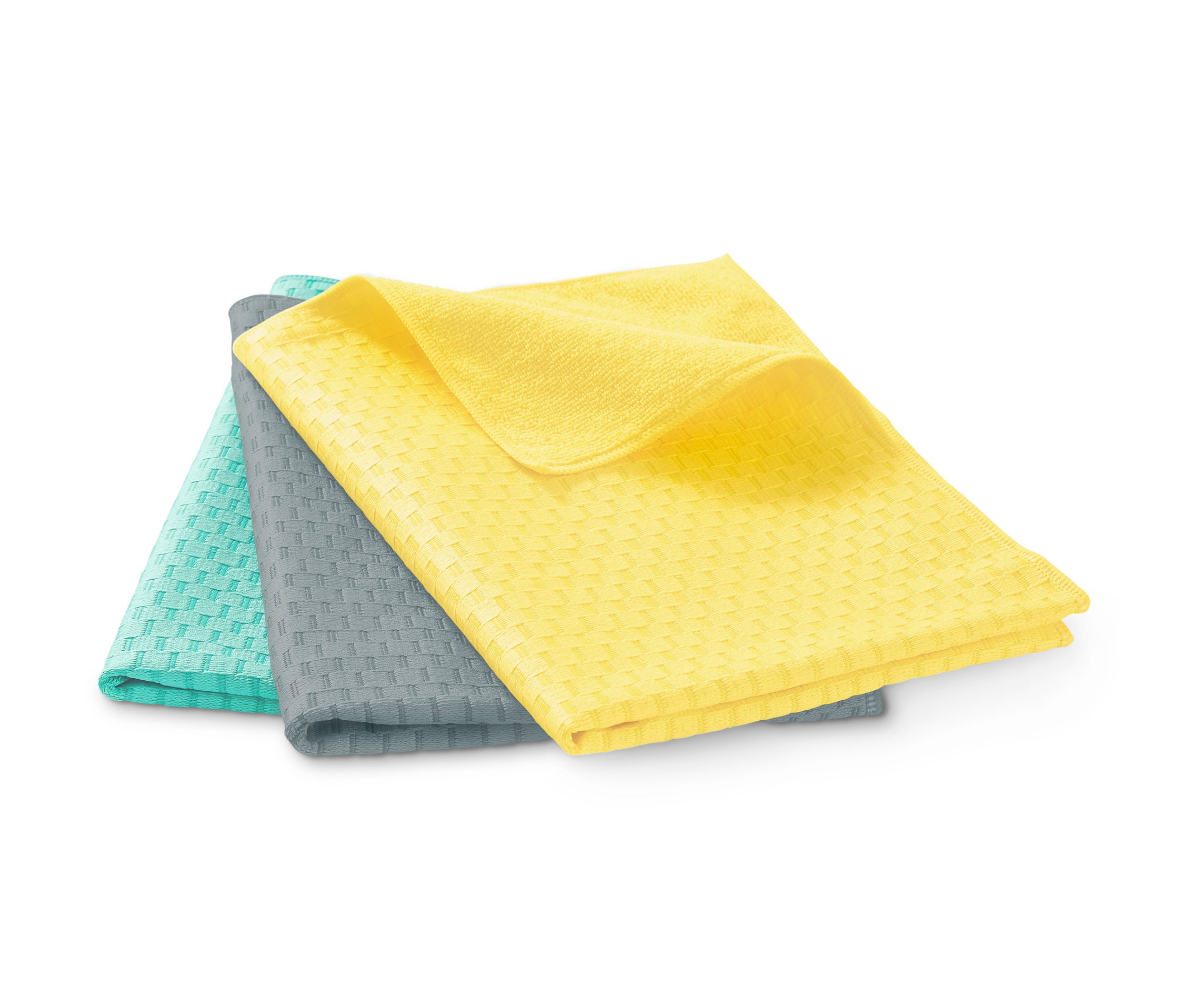 Üçlü bulaşık bezi seti: sarı, gri ve turkuaz.