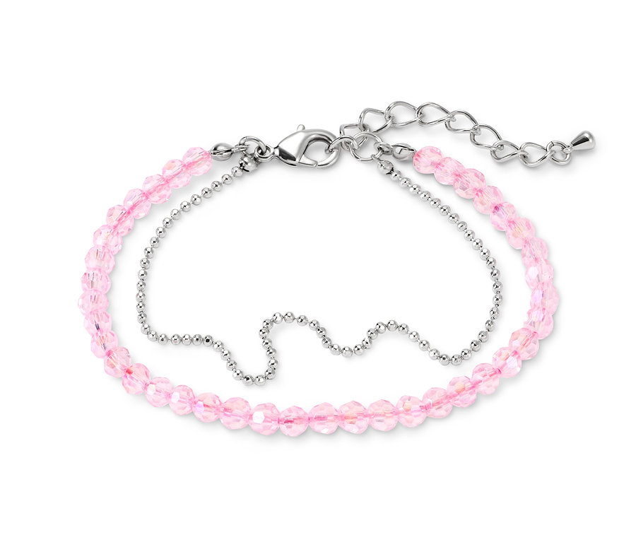 Pembe kesme cam taşlı ve gümüş renkli zincirli bileklik.
