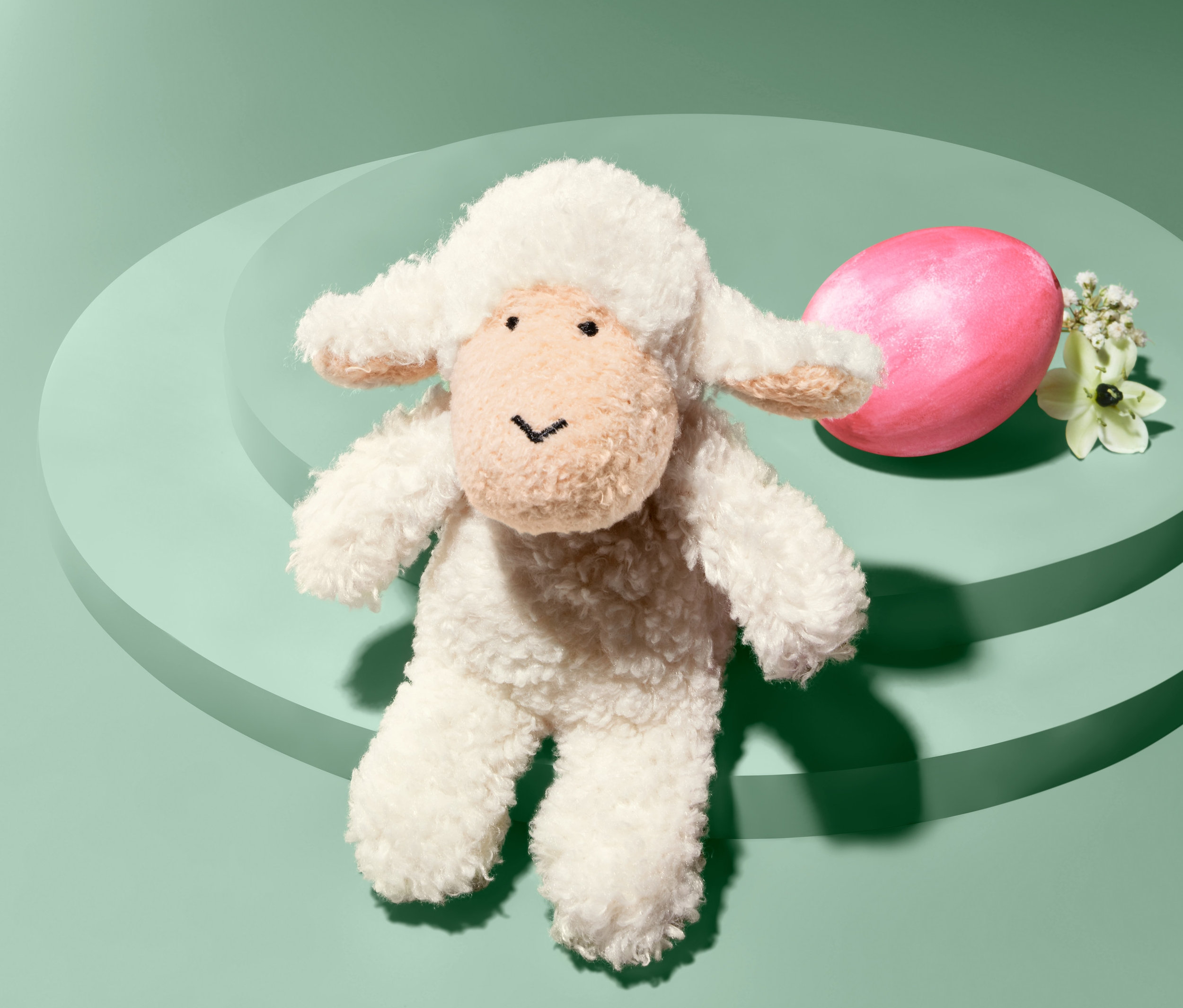 Sesli mini pelüş kuzu, pembe bir yumurta ve beyaz çiçeklerin yanında duruyor.