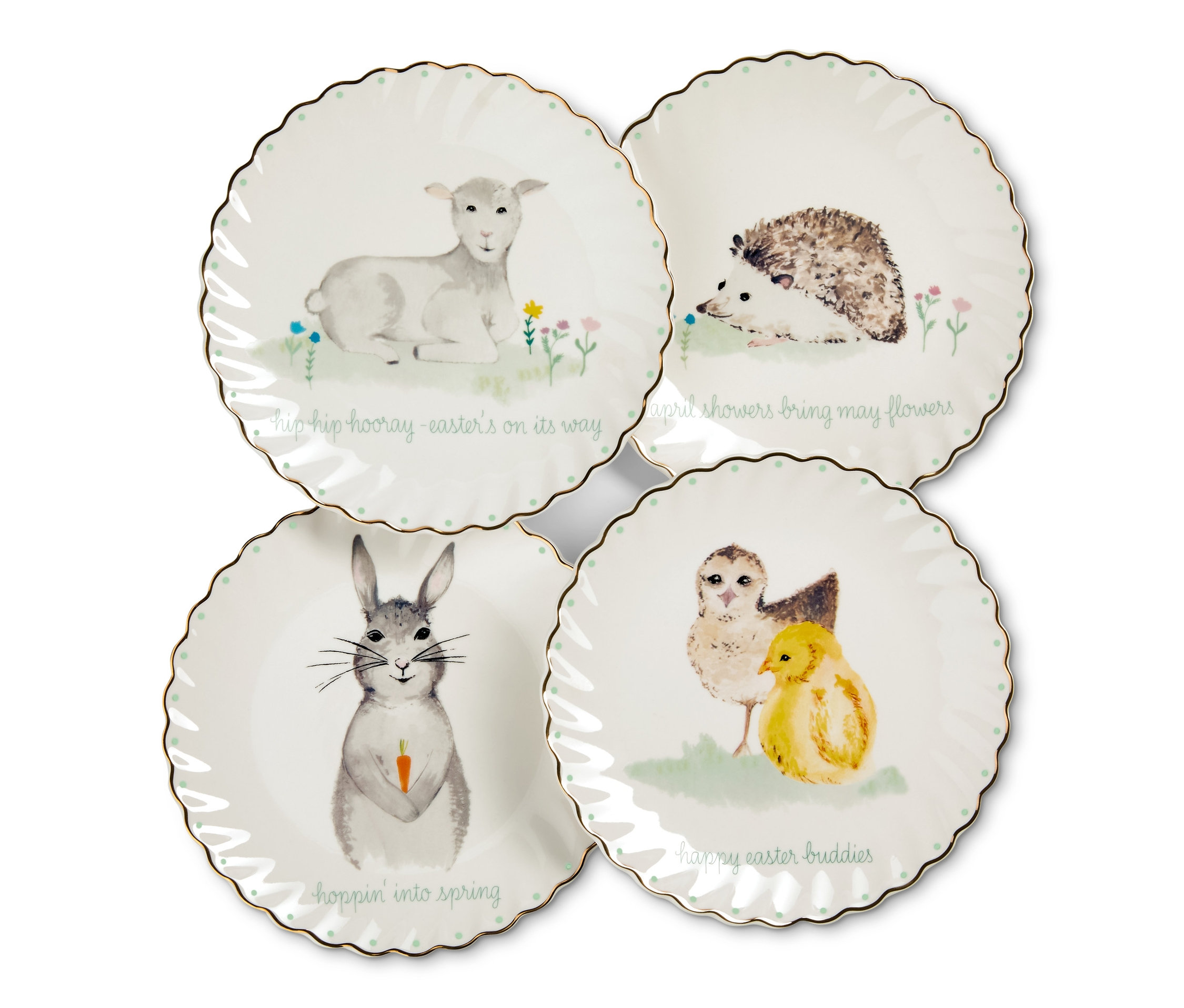 Kuzu, tavşan, civciv ve kirpi resimleri olan, altın süslemeli dört adet tatlı tabağı.