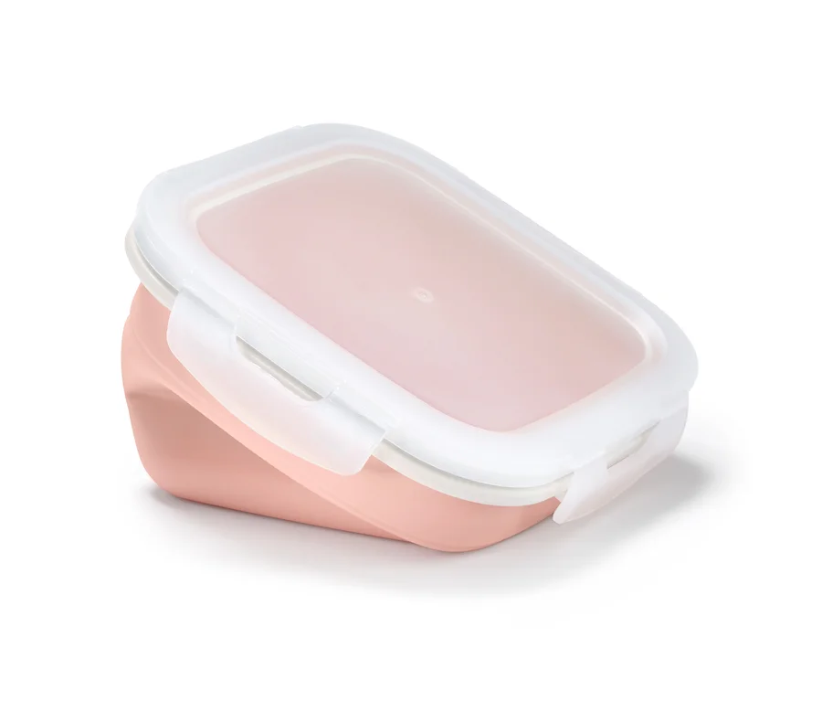 Beyaz kapaklı, açık pembe, katlanabilir saklama kabı.