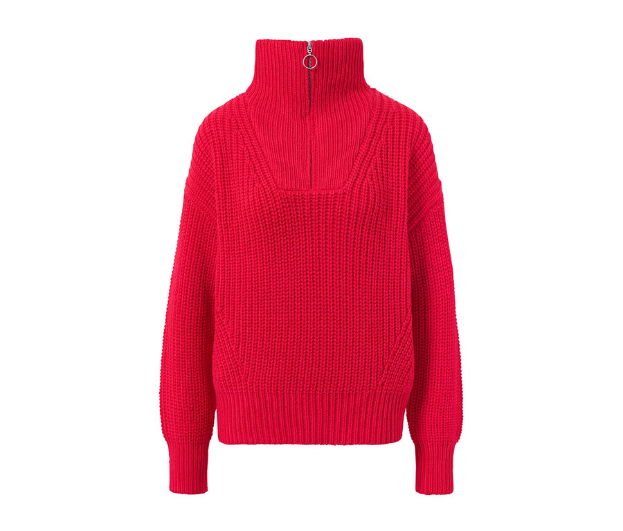 Kırmızı, kalın örgü, fermuarlı Troyer kazak.