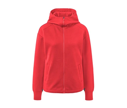 Ortasında fermuarı olan kırmızı kapüşonlu sweatshirt ceket.