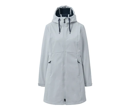 Buz grisi kapüşonlu fermuarlı softshell mont.